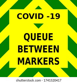 Green and yellow vector graphic, reminding people to queue between the markers once shops and retail outlets open again when the lockdown is eased