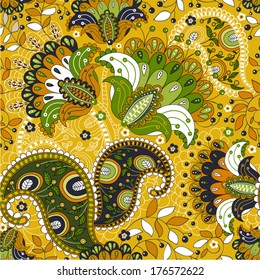 Green and yellow vector seamless ethnic pattern. Yellow Paisley floral wallpaper. Beautiful floral batik. Design for wrapping paper, gift paper, cover, web, fabric.