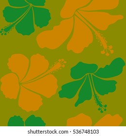 Green and yellow vector seamless pattern. Vector illustration. Tropical seamless pattern with many green and yellow hibiscus flowers.