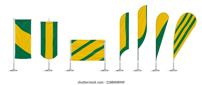 Green and yellow vinyl flags and set banners on pole. Vector realistic template of fabric promotion posters, advertising striped canvas pennants hanging on metal frame and stand