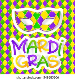 Green, yellow and violet colors vector carnival mask with colorful Mardi Gras lettering on traditional diamond pattern