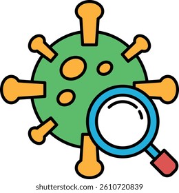 A green and yellow virus with a magnifying glass on it. The virus is surrounded by a circle of yellow and green