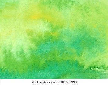 Green yellow watercolor hand drawn paper grain texture background. Wet brush painted smudges abstract vector illustration. Nature colorful design element, card, banner, template, decoration, print