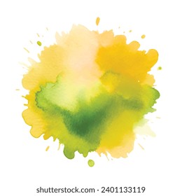 Green yellow watercolor splash splatter stain brush stroke spray with wet effect on white background. Modern aquarelle spot. Trendy isolated colorful design on white. Vector watercolor splash.