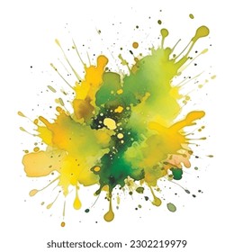 Green yellow watercolor spot splash splatter stain brush stroke on white background. Modern vibrant aquarelle spot. Trendy isolated design on white background. Element. Vector watercolor illustration.