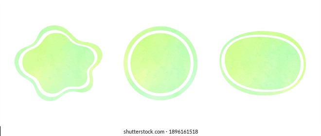 Green yellow watercolor vector liquid shapes, spring frames set. Ring, circle, oval, round eco, vegan template. Watercolour stains texture. Hand drawn painted graphic design elements, text backgrounds