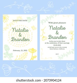 Invitaciones a bodas verdes y amarillas decoradas con elementos florales dibujados a mano, tamaño 20,5x15,5