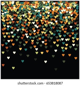 Green, yellow, white, brown hearts flying, like gold petals on black. Vintage vector hearts confetti, birthday, Valentine, romantic background. Rich premium love card, wedding, celebration banner.