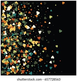Green, yellow, white, brown hearts flying, like gold petals on black. Vintage vector hearts confetti, birthday, Valentine, romantic background. Rich premium love card, wedding, celebration banner.