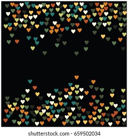 Green, yellow, white, brown hearts flying, like gold petals on black. Vintage vector hearts confetti, birthday, Valentine, romantic background. Rich premium love card, wedding, celebration banner.