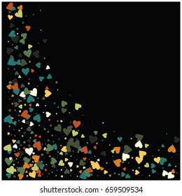 Green, yellow, white, brown hearts flying, like gold petals on black. Vintage vector hearts confetti, birthday, Valentine, romantic background. Rich premium love card, wedding, celebration banner.