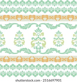 Green, yellow, white embroidery, motif ethnic ikat seamless textile illustration, print striped ornament, pattern, design for wrapping, silk, scarf, clothing, background, textile, carpets, curtains.