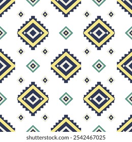 Green, yellow, and white Navajo tribal vector seamless pattern. Native American ornament. Ethnic Southwestern decor style. Boho geometric ornament. Mexican blanket, rug. Woven carpet illustration.