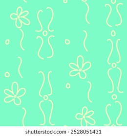 Green and yelow seamless pattern based on simple floral decorative elements.