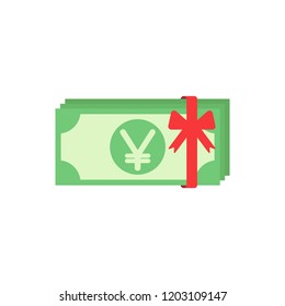 Green yen bank notes pack with red ribbon isolated on blue. Money prize, gift or award flat icon. Salary, cash, currency, bank paper vector illustration. Win in a lottery, bonus concept