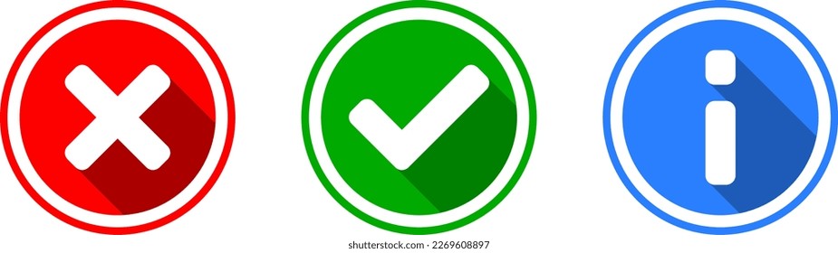 Green Yes or OK and Red No or Declined and Blue Info or Information Icon Set with Check Mark X Cross and i Letter Symbols in Circles with 3D Shadow Effect. Vector Image.