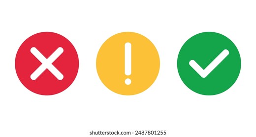 Green Yes or OK, red No or Declined, yellow Problem or Warning. Set of flat rounds icons  isolated on a white background.  Check mark, exclamation point, X mark icons, buttons. Vector Illustration.