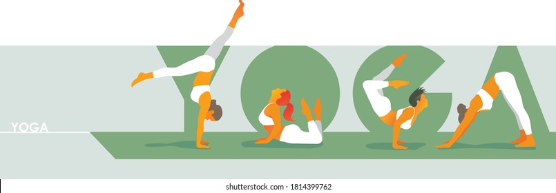 Green YOGA lettering with women in white sportswear doing yoga exercises on a gray background. Yoga & Healthy lifestyle. Vector illustration for Yoga day, t-shirt graphic, banner, icon, web, poster