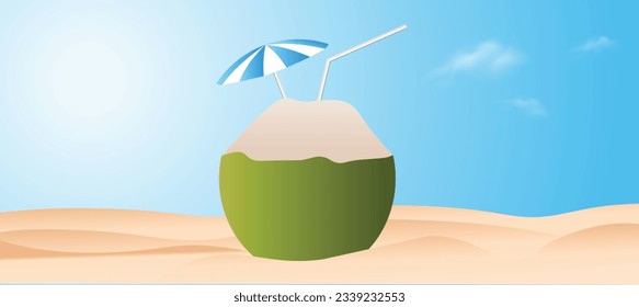 Green young coconut with straw and little umbrella summer desert vector illustration
