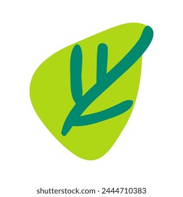 Green young leaf drawn by child. Bright childish careless illustration for design of festive spring banner. Flat hand drawn vector element isolated on white background