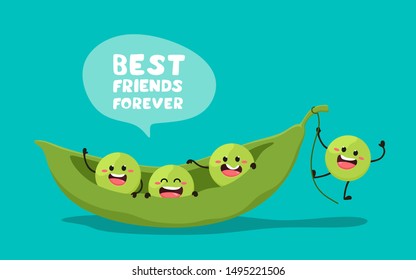 Green young peas with the slogan Best friends forever. Vector illustration in cartoon style. . Cheerful peas.