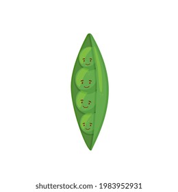 Green young peas in tarts with peas. Vector illustration in cartoon style. Isolates on a white background. Cheerful peas