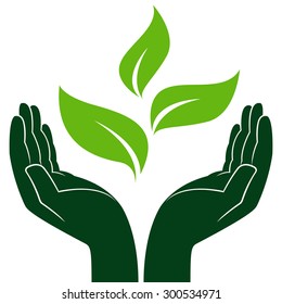 Green young plant in human hands, conceptual ecologic vector illustration