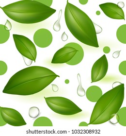 Green Young Tea Leaves on a Branch. Seamless Pattern. Tea. Vector illustration. 
