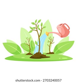 Green young trees being watered with a pink watering can, flat style on white background. Concept of growth, nature care and environment. Vector illustration