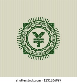 Green yuan icon inside rubber grunge stamp