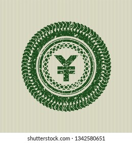 Green yuan icon inside rubber stamp with grunge texture