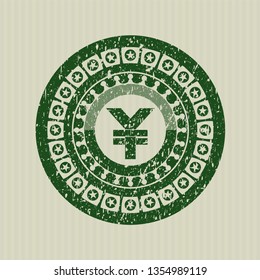 Green yuan icon inside rubber grunge texture seal