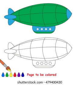 Green zeppelin to be colored. Coloring book to educate preschool kids. Easy kid educational gaming and primary education of simple level of difficulty.