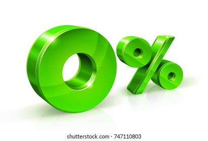 Green zero percent or 0 isolated on white background with reflection. Zero percent interest rate, tax. 3D style Vector illustration.
