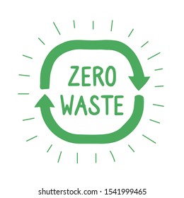 Green zero waste logo. Zero waste lifestyle design concept. Eco life - reuse, reduce, recycle. Doodle eco logo with recycle symbol. Flat vector illustration