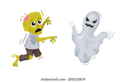 Green Zombie and Flying Ghost as Halloween Symbol Vector Set