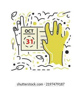 Green zombie hand with calendar and leaves. Halloween holiday arms appearing from tomb land at cemetery. Hands sticking out of grave. Textured hand-drawn flat vector illustration isolated on white
