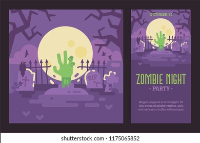 Green zombie hand coming out of grave on a dark creepy cemetery. Halloween flat illustration and flyer