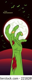 Green zombie hand with crooked fingers on full moon and red sky background, halloween vector illustration with monster and bats