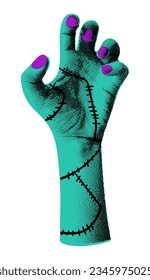 Green zombie hand Halloween clip art. Halftone collage object for mixed media design. Dead monster hand with stitches grabbing. Vector illustration isolated on transparent background