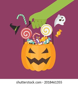 Green zombie hand holding halloween pumpkin basket. Flat style vector illustration.