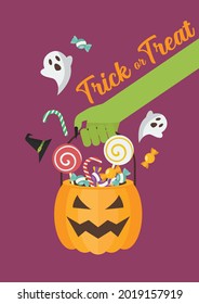 Green zombie hand holding halloween pumpkin basket poster. Flat style vector illustration.