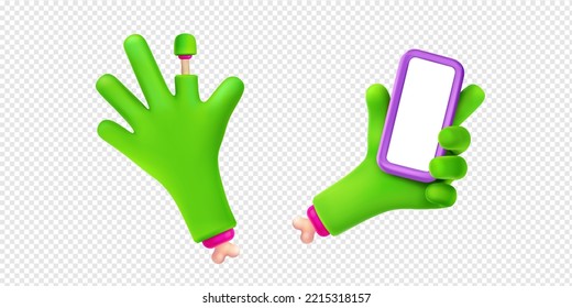 Mano zombie verde sosteniendo el teléfono móvil con pantalla en blanco. Iconos de Halloween con brazos de monstruos espeluznantes con smartphone y palma abierta, ilustración vectorial 3d aislada en fondo transparente