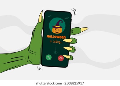 Green zombie hand holding a smartphone with call from Halloween pumpkin on the screen. Vector illustration.