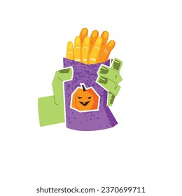 The green zombie hand holds a bag of cookies with fingers. strange food for the holiday. Zombie hand with treats. Dish for Halloween, weird food.