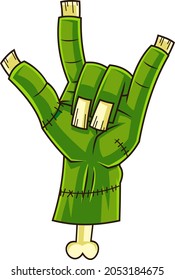 Green Zombie Hand Showing Rock N Roll Gesture. Cartoon Vector Hand Drawn Illustration Isolated On White Background