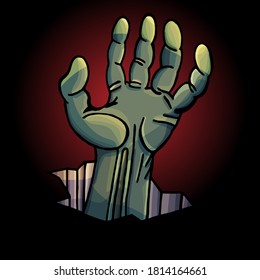 Green zombie hand sticking out of the ground on a black and red background, cartoon style, Scary, horror, comics, for children, poster, banner, cleft, hand, brush, zombie, undead, dead, Halloween, joy