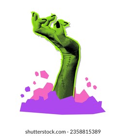 Green zombie hand sticking out of grave. 90s vitage Halloween clip art. Halftone collage object for mixed media design. Dead monster hand with stitches grabbing. Vector illustration isolated
