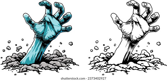 green zombie hand sticking out of a hole in the ground