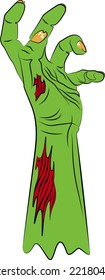 Green zombie hand with twisted fingers and torn skin, halloween vector illustration isolated on white background